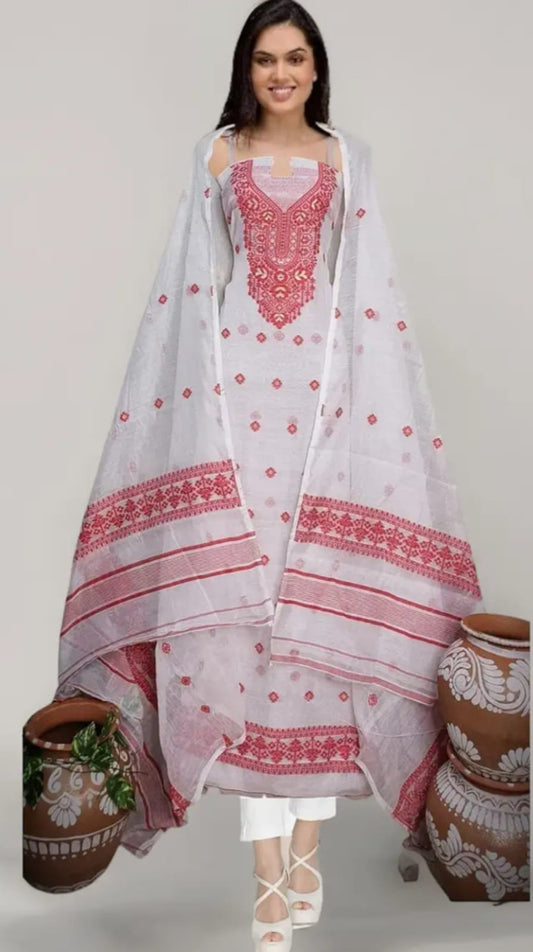 White & Red Embroidered Straight-Cut Kurta Set with Dupatta