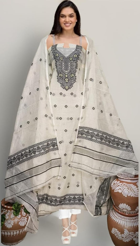 Off-White & Black Embroidered Sleeveless Kurta Set with Dupatta