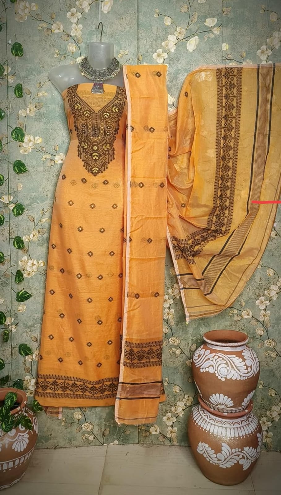 Mustard Yellow Embroidered Sleeveless Kurta Set with Printed Dupatta