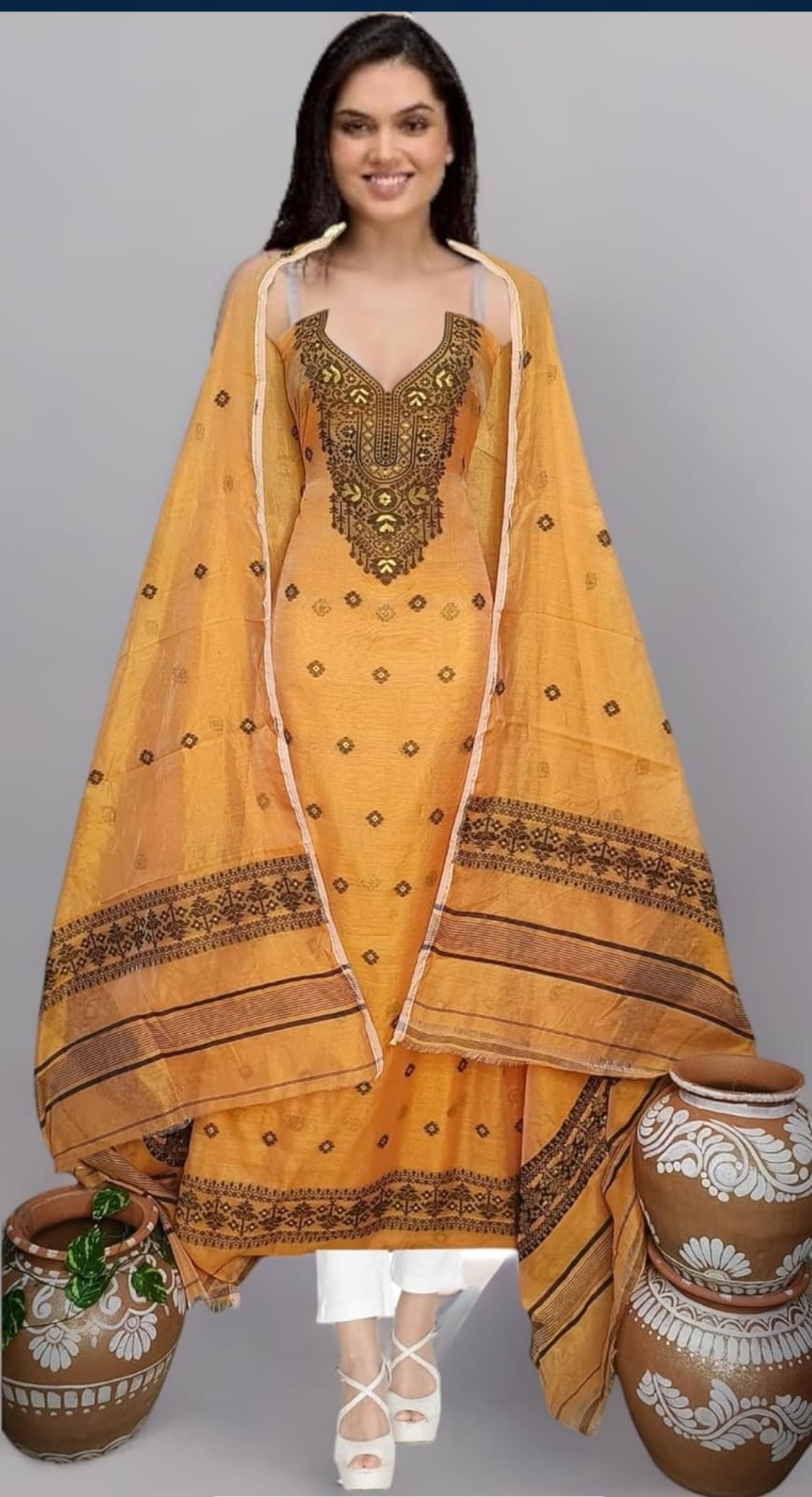 Mustard Yellow Embroidered Sleeveless Kurta Set with Printed Dupatta