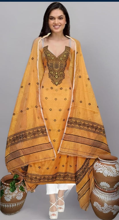 Mustard Yellow Embroidered Sleeveless Kurta Set with Printed Dupatta