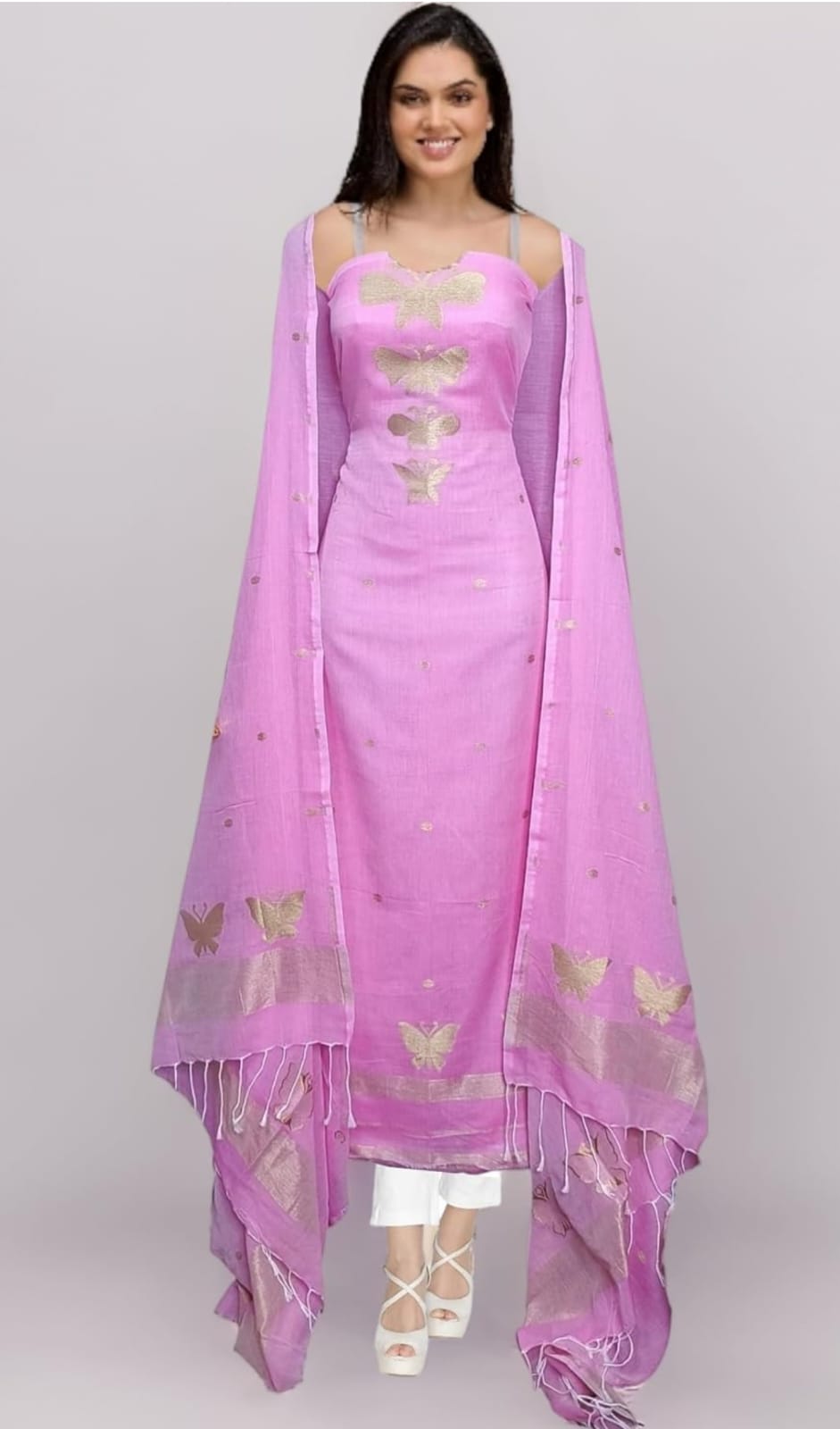 Pink Butterfly Motif Sleeveless Kurta Set with Dupatta