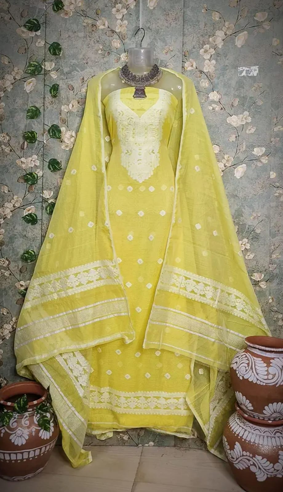 Yellow Floral Embroidered Sleeveless Kurta Set with Dupatta
