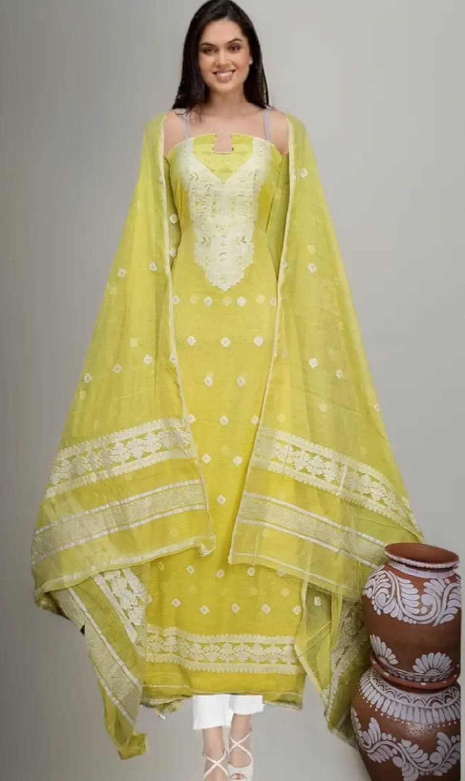Yellow Floral Embroidered Sleeveless Kurta Set with Dupatta