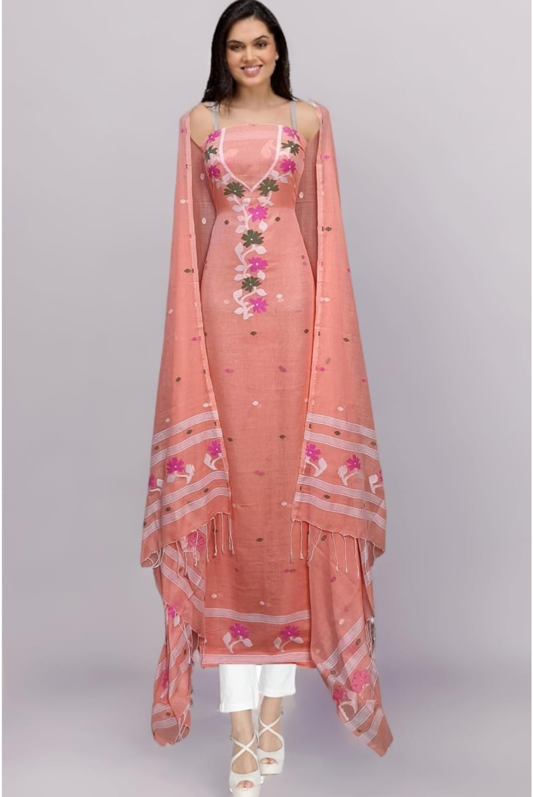 Soft Pink Floral Embroidered Sleeveless Kurta Set with Dupatta