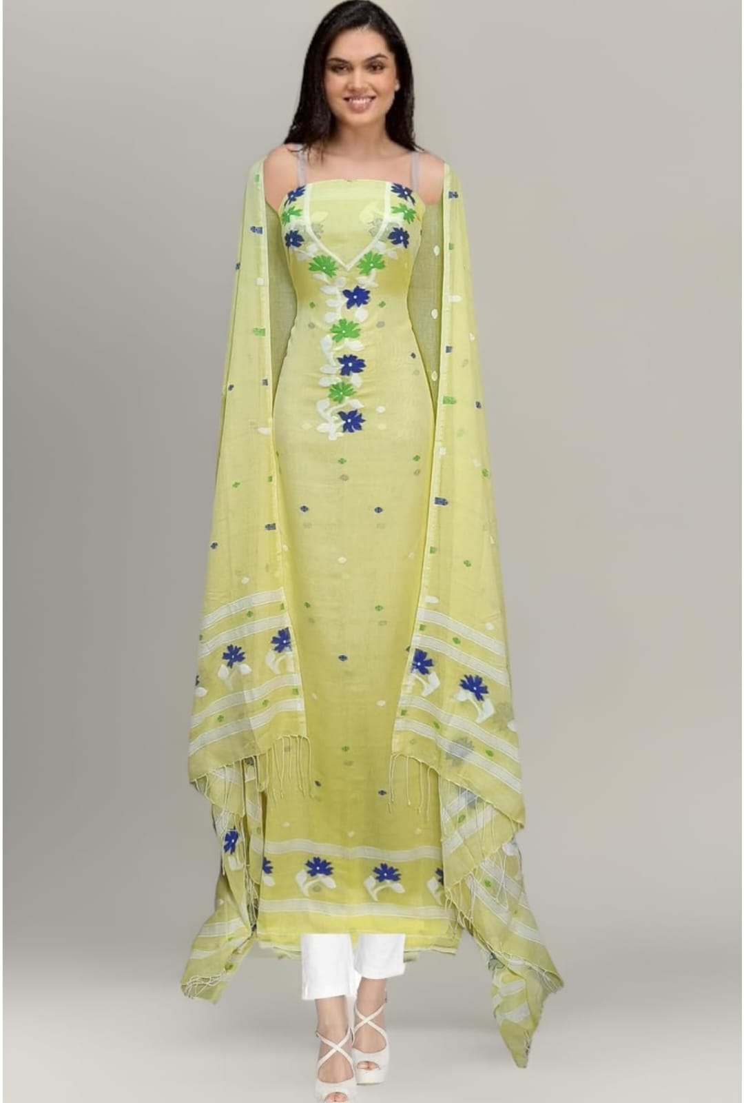 Light Green Floral Embroidered Sleeveless Kurta Set with Dupatta