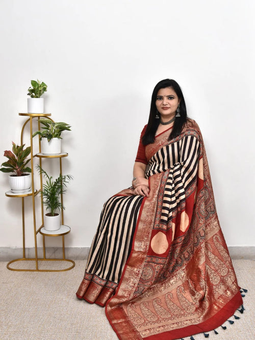 Ajrakh dola silk saree