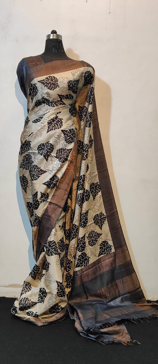 Cream Beige Saree with Black Leaf Motifs and Brown Border