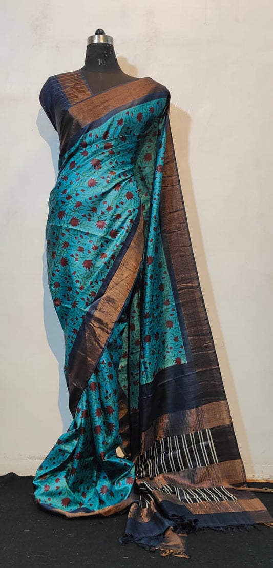 Aqua Blue Floral Silk Saree with Black Border and Striped Pallu