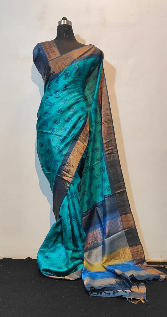 Elegant Teal Blue Silk Saree with Navy Zari Border