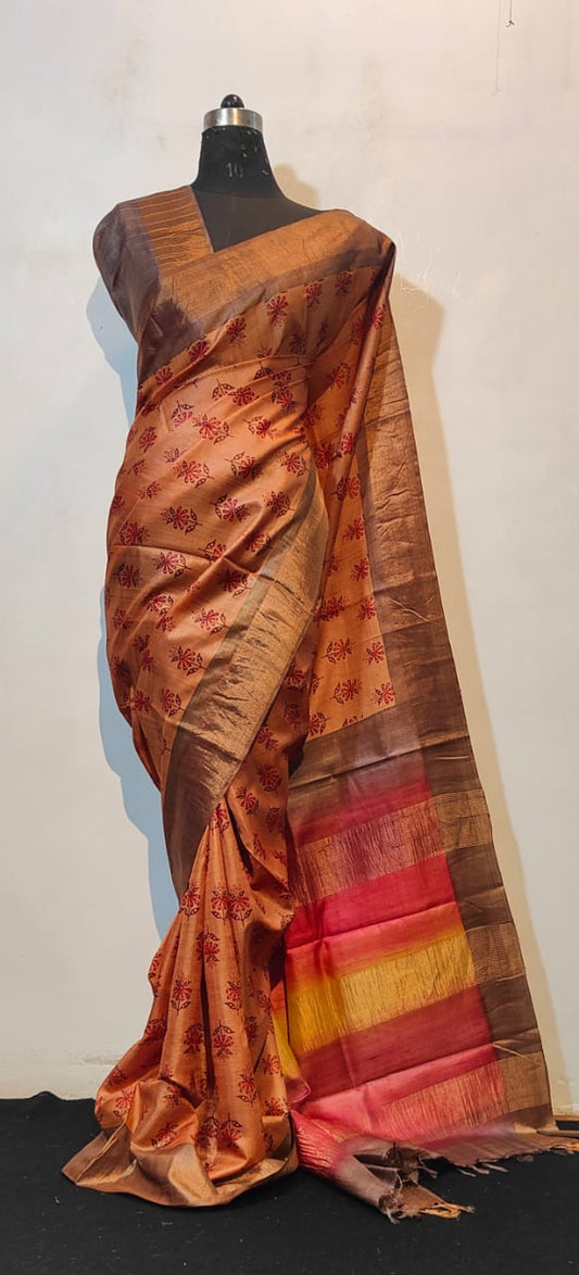 Copper Brown Silk Saree with Red Motifs and Multicolor Zari Pallu