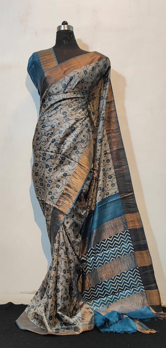 Elegant Grey-Blue Silk Saree with Floral Motifs and Zari Border