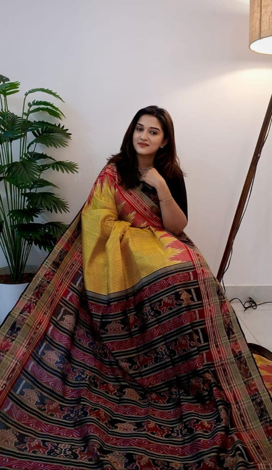Jayanti Sarees Yellow & Maroon Tribal Ikat Patola Saree